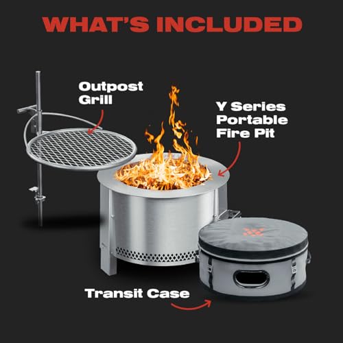Breeo Smokeless Fire Pit to-Go Bundle (Y Series Stainless Steel, Outpost Grill & to Go Case) | 21 inch Smokeless Firepit for Outside | Ideal for