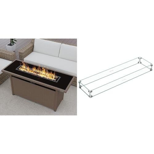 EAST OAK 57" Gas Fire Pit Table, 60,000 BTU Propane Fire Pit w/Large Tempered Glass Desktop & Glass Wind Guard for 57in Propane Fire Pit Table, 41.8