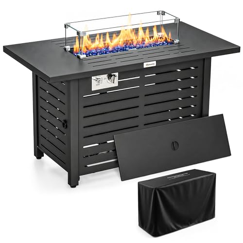 Outsunny Propane Gas Fire Pit Table, Outdoor Firepit with 43" Steel Tabletop and Lid, 50,000 BTU Pulse Ignition Fire Table w/Stainless Steel Burner