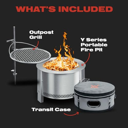 Breeo Smokeless Fire Pit to-Go Bundle (Y Series Stainless Steel, Outpost Grill & to Go Case) | 21 inch Smokeless Firepit for Outside | Ideal for