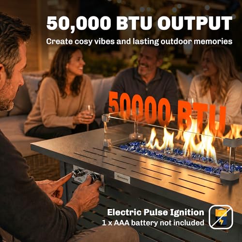 Outsunny Propane Gas Fire Pit Table, Outdoor Firepit with 43" Steel Tabletop and Lid, 50,000 BTU Pulse Ignition Fire Table w/Stainless Steel Burner