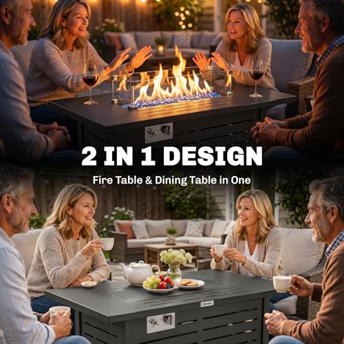 Outsunny Propane Gas Fire Pit Table, Outdoor Firepit with 43" Steel Tabletop and Lid, 50,000 BTU Pulse Ignition Fire Table w/Stainless Steel Burner