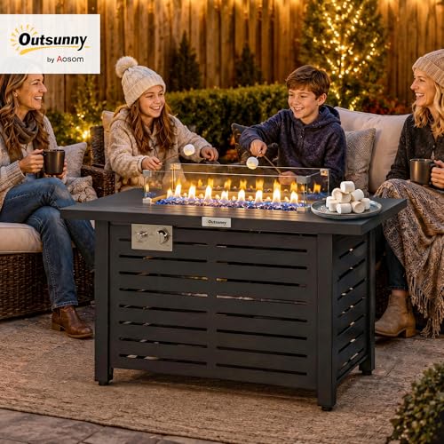 Outsunny Propane Gas Fire Pit Table, Outdoor Firepit with 43" Steel Tabletop and Lid, 50,000 BTU Pulse Ignition Fire Table w/Stainless Steel Burner