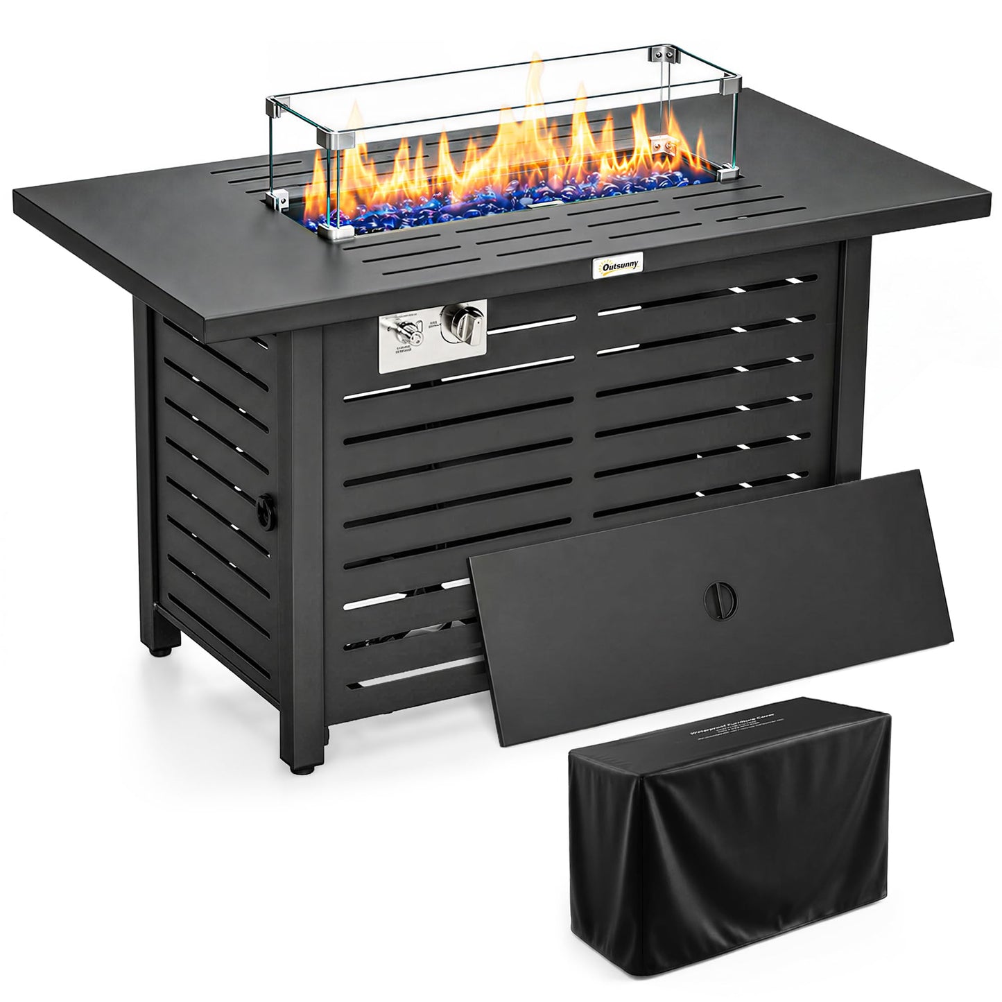 Outsunny Propane Gas Fire Pit Table, Outdoor Firepit with 43" Steel Tabletop and Lid, 50,000 BTU Pulse Ignition Fire Table w/Stainless Steel Burner