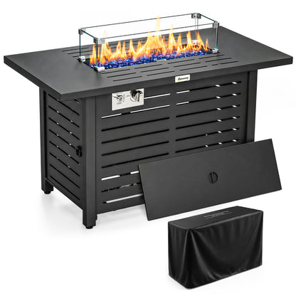 Outsunny Propane Gas Fire Pit Table, Outdoor Firepit with 43" Steel Tabletop and Lid, 50,000 BTU Pulse Ignition Fire Table w/Stainless Steel Burner