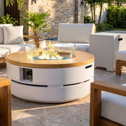 Grand Lake 38 Inch Round Concrete Natural Gas Fire Bowl in White By BBQGuys Signature